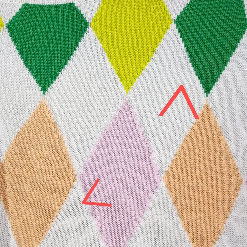 Kate Spade Sprint Argyle Sweater Ivory V-Neck Short Sleeve Top Women Sz S
